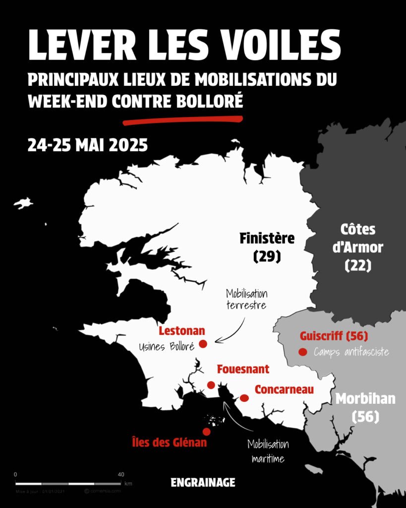 Cartographie de la pointe de la Bretagne indiquant les les principaux lieux de mobilisation du week-end contre Bolloré du 24-25 mai 2025, ©Aurèle Castellane/Engrainage média